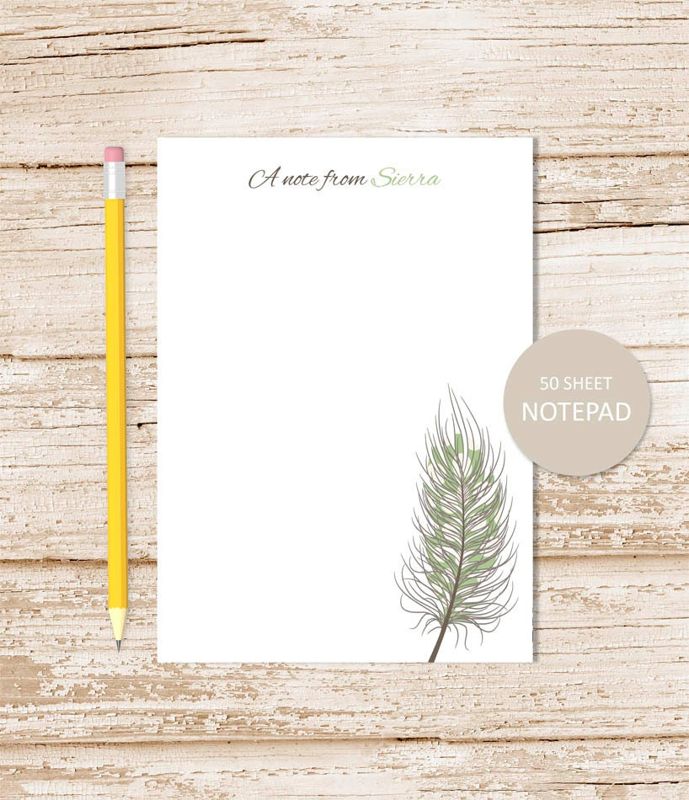 personalized notepad . QUILL FEATHER notepad, note pad . choose feather color . personalized stationery . stationary gift