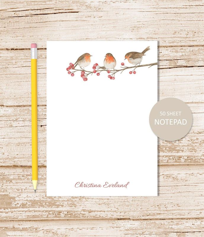 personalized notepad . ROBINS note pad . watercolor robin, berry tree, birds, nature personalized stationery . stationary gift