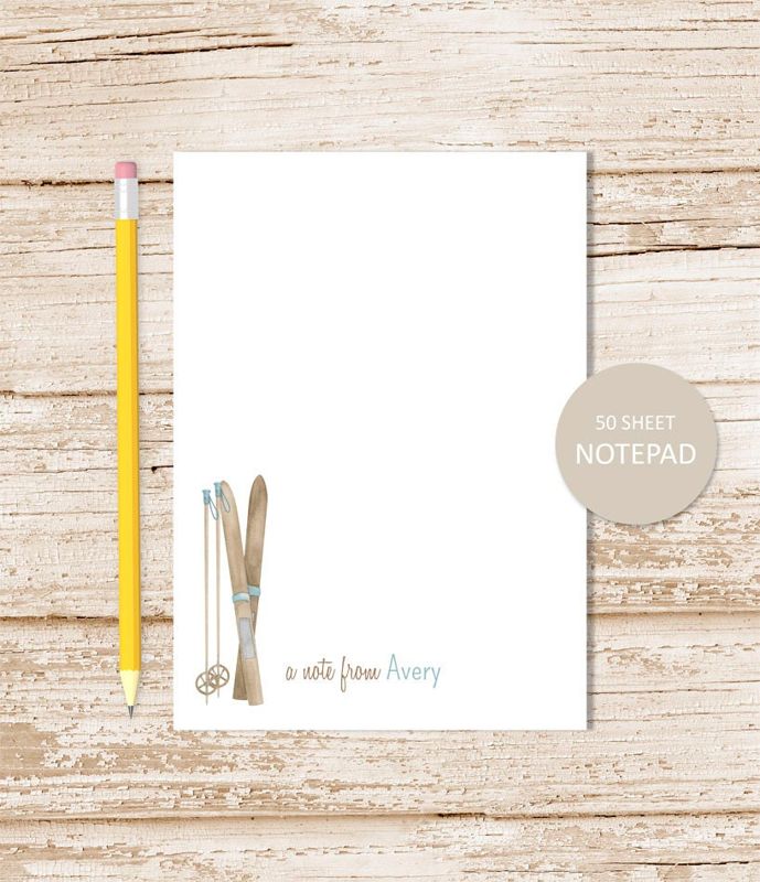 personalized notepad . SKIS notepad . skiing note pad . skier, watercolor skis, poles . winter sports . personalized stationery stationary