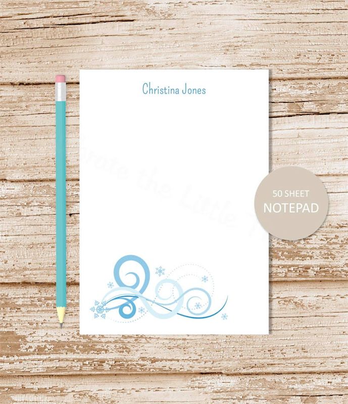 personalized notepad . SNOWFLAKE notepad . snowflake note pad . personalized stationary . swirls flourish . winter stationery gift