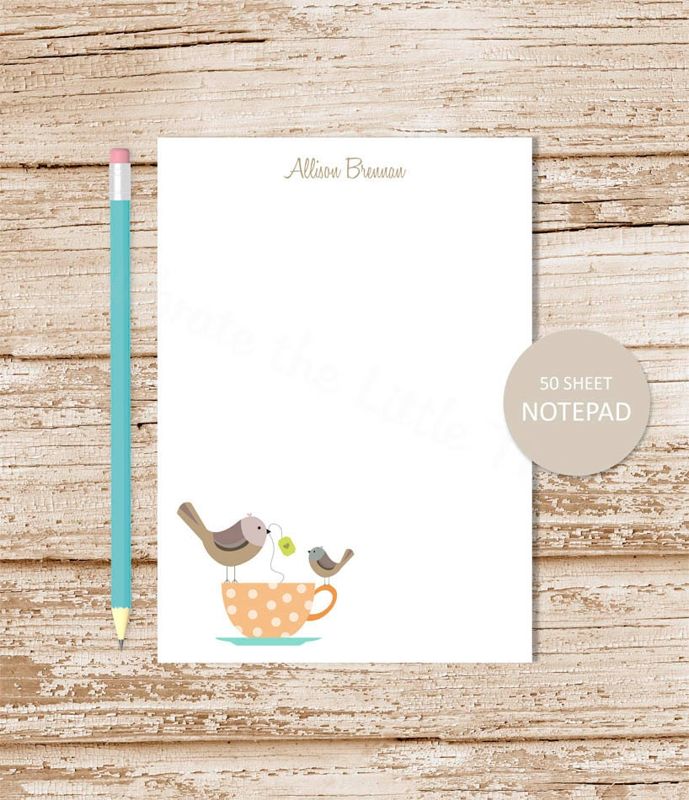 personalized notepad . TEA CUP BIRDS note pad . personalized stationery . teacup stationary