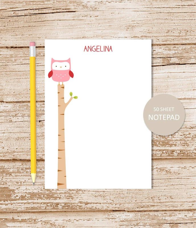 personalized notepad . TREE TOP OWL . note pad . personalized stationery . pink owl stationary