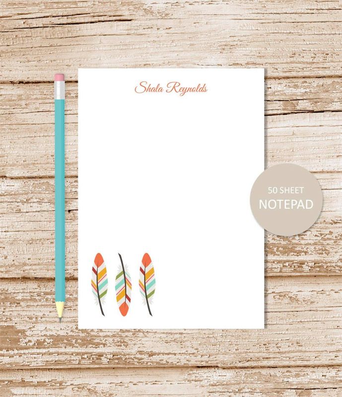 personalized notepad . TRIBAL FEATHERS notepad . feather note pad . personalized stationery stationary