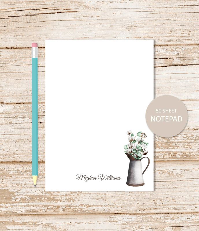 personalized notepad, EUCALYPTUS COTTON . farmhouse note pad . metal tin watering can .  botanical personalized stationery stationary gift