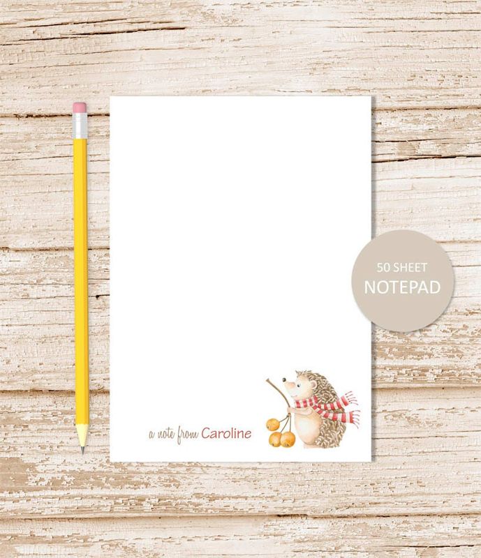 personalized notepad, HEDGEHOG . note pad . autumn, winter . personalized stationary . watercolor, porcupine stationery . woodland forest