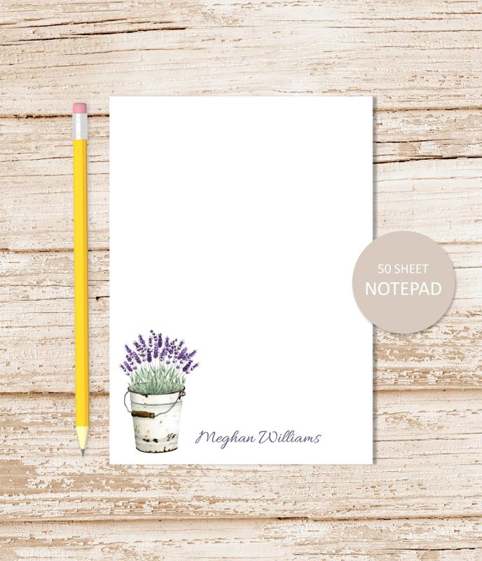 personalized notepad, LAVENDER . vintage metal tin bucket note pad . floral flowers botanical nature personalized stationery stationary gift