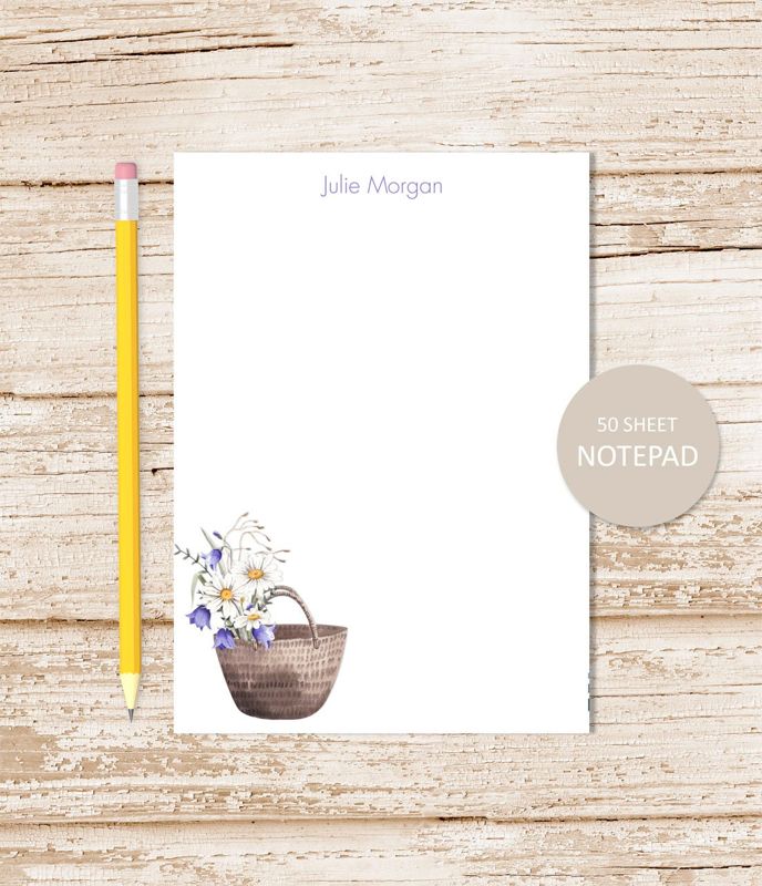 personalized notepad, note pad . MEADOW FLOWERS BASKET. notepad . watercolor . personalized stationery . stationary gift . gardener