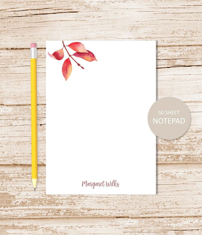autumn red leaves notepad note pad . watercolor fall leaves . personalized stationery . stationary gift