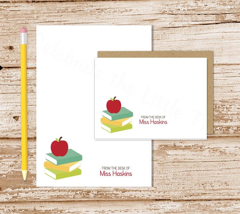 apple books personalized stationery set . teach notepad + note card set . notecards note pad stationary set . school teachers gift set