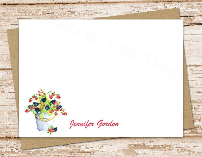berries personalized note card set, notecards . watercolor raspberry blackberry . stationery FLAT stationary . autumn fall fruit . set of 12