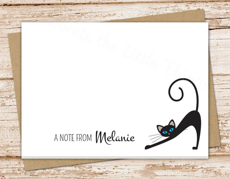 black cat note cards . personalized cat stationery . stationary . folded cards . cat notecards . siamese cat . set of 10