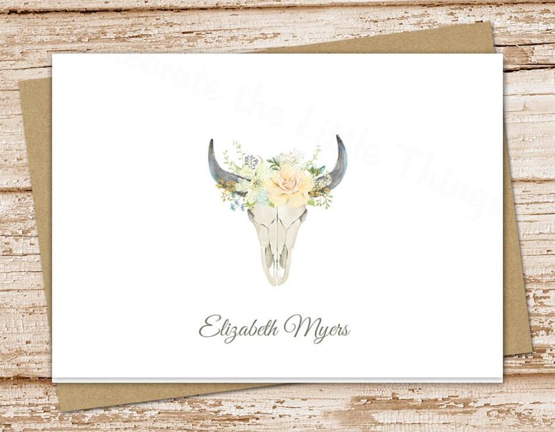 bull skull personalized note cards . floral desert skull notecards . watercolor bull skull stationery . folded stationary . set of 10