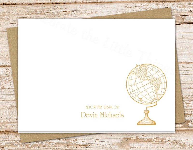 globe personalized note cards . notecards . world globe .  folded personalized stationery . vintage traveler history teacher . set of 10