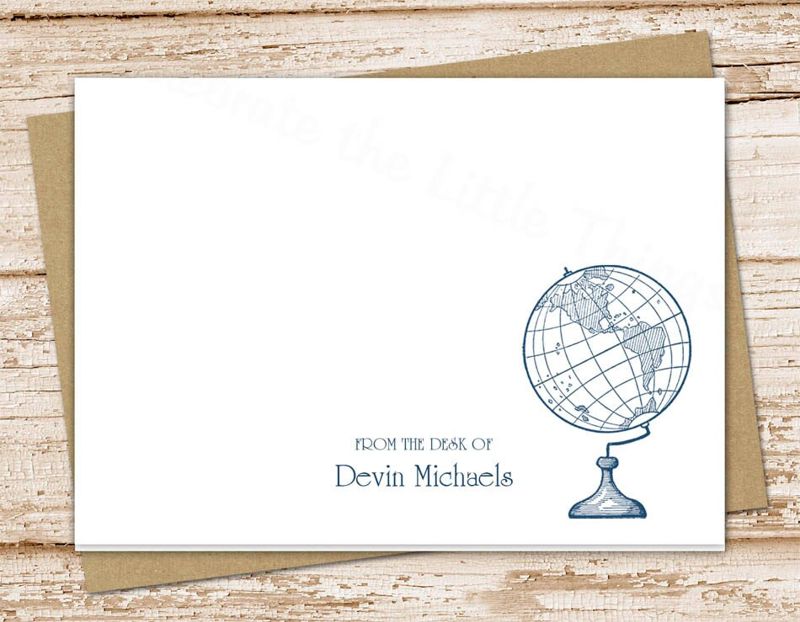 globe personalized note cards . notecards . world globe .  folded personalized stationery . vintage traveler history teacher . set of 10