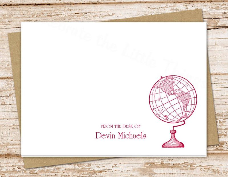 globe personalized note cards . notecards . world globe .  folded personalized stationery . vintage traveler history teacher . set of 10