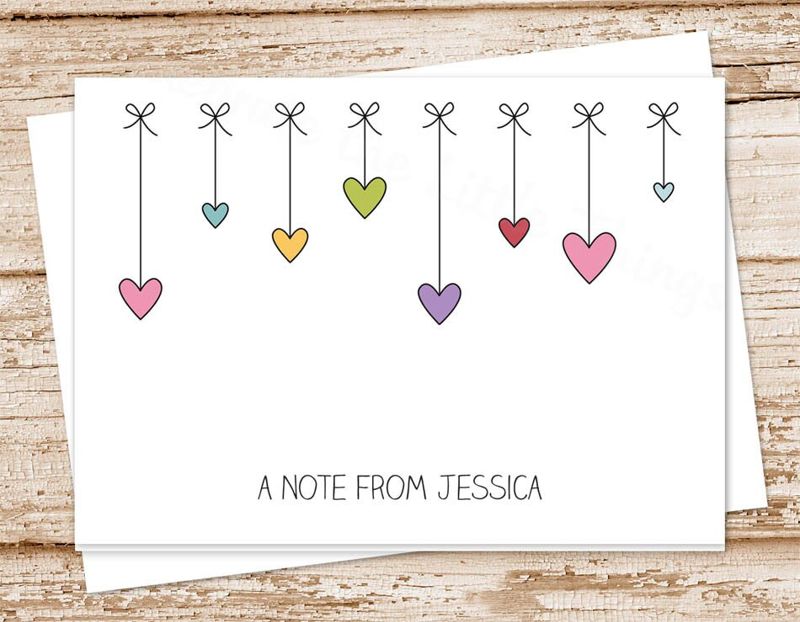 hearts bows note cards set . notecards . personalized stationery . folded stationary . girls cards . set of 10