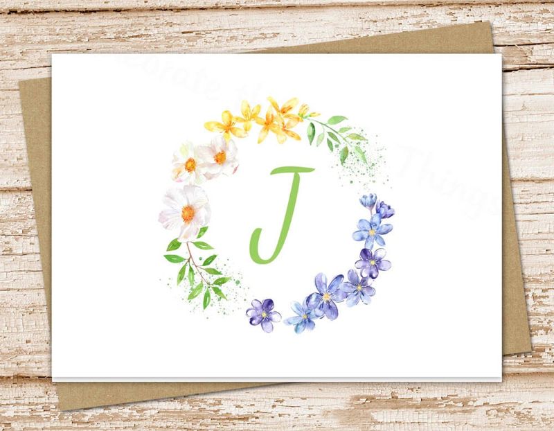 initial card set . watercolor floral wreath . spring flowers . monogram notecards . folded personalized stationery stationary . set of 10