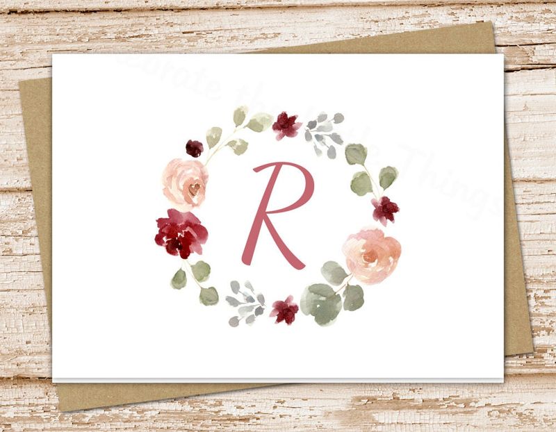 initial note cards . watercolor bohemian flowers wreath . floral monogram notecards . folded personalized stationery stationary . set of 10