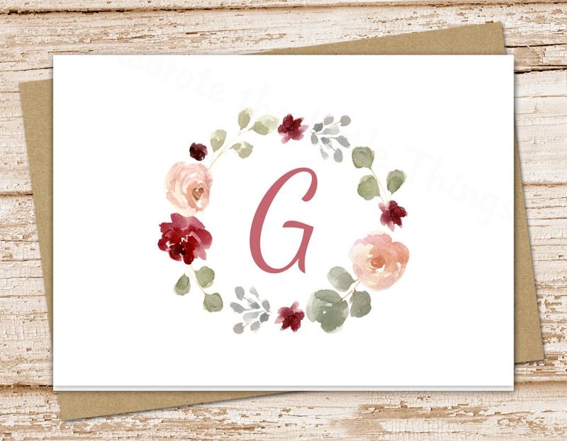 initial note cards . watercolor bohemian flowers wreath . floral monogram notecards . folded personalized stationery stationary . set of 10