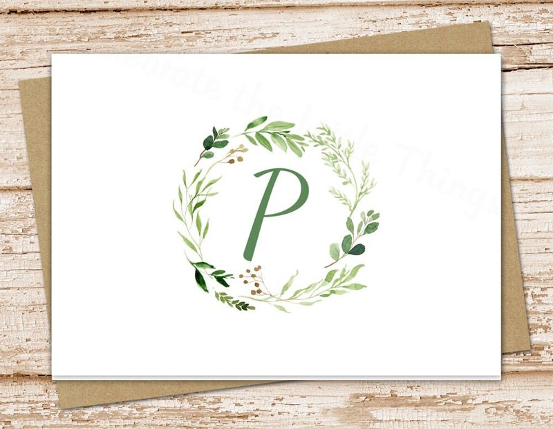 initial note cards . watercolor greenery wreath . monogram notecards . folded personalized stationery . stationary . set of 10