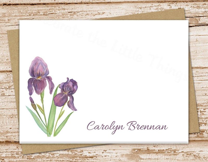 iris personalized note cards . purple iris notecards folded personalized stationery stationary watercolor floral flowers cards . set of 10