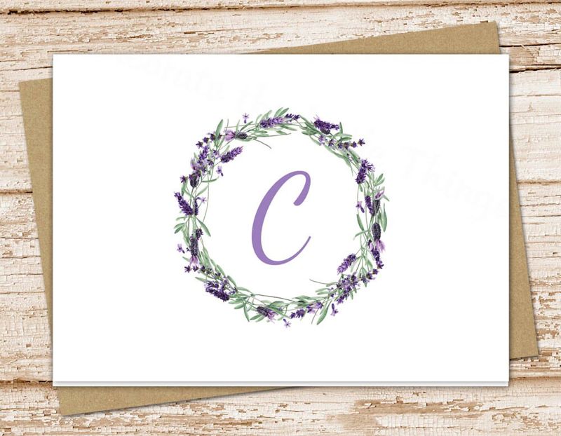 lavender initial note cards . watercolor monogram notecards . lavender wreath . folded personalized stationery . botanical card . set of 10