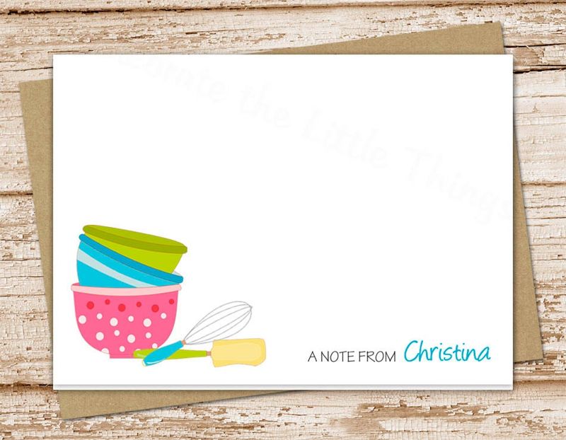 personalized baking note card .baker, chef . folded personalized stationery stationary . bowls whisk spatula . set of 10
