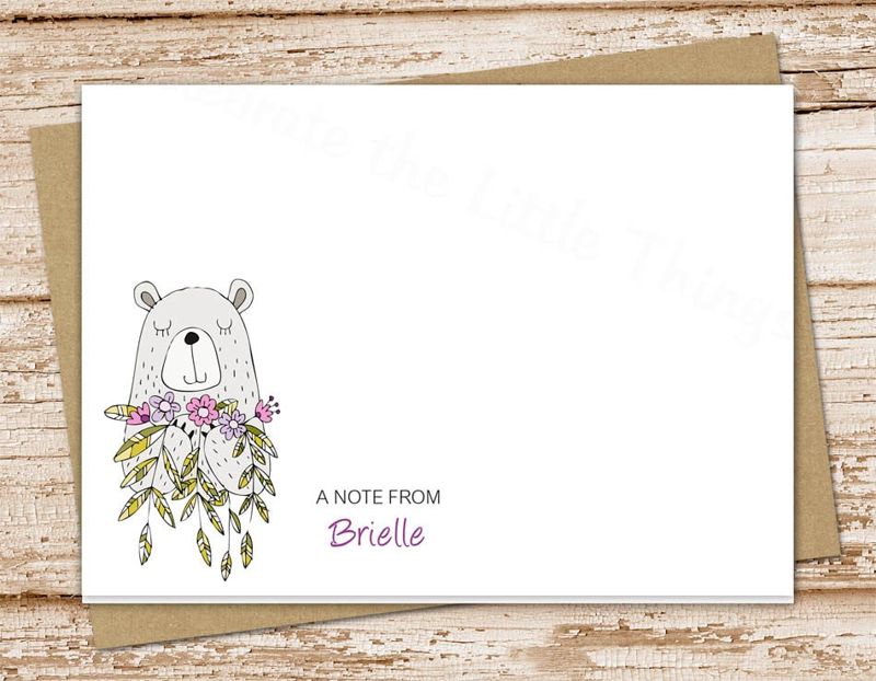 personalized bear note cards . bear with flowers stationery . stationary . folded cards . doodle art . set of 10