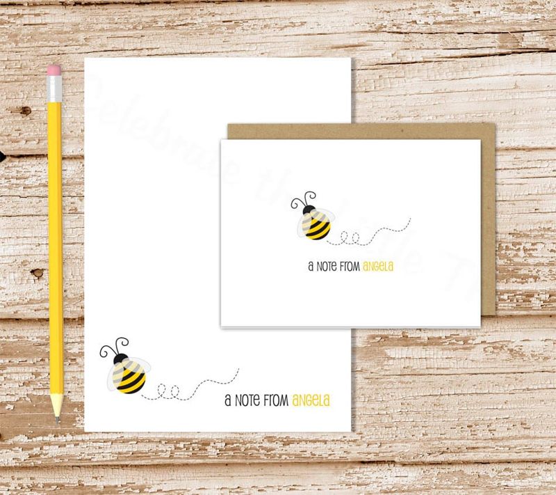 personalized bee stationery set . bumble bee notepad + note card set . notecards note pad . teacher stationary gift set