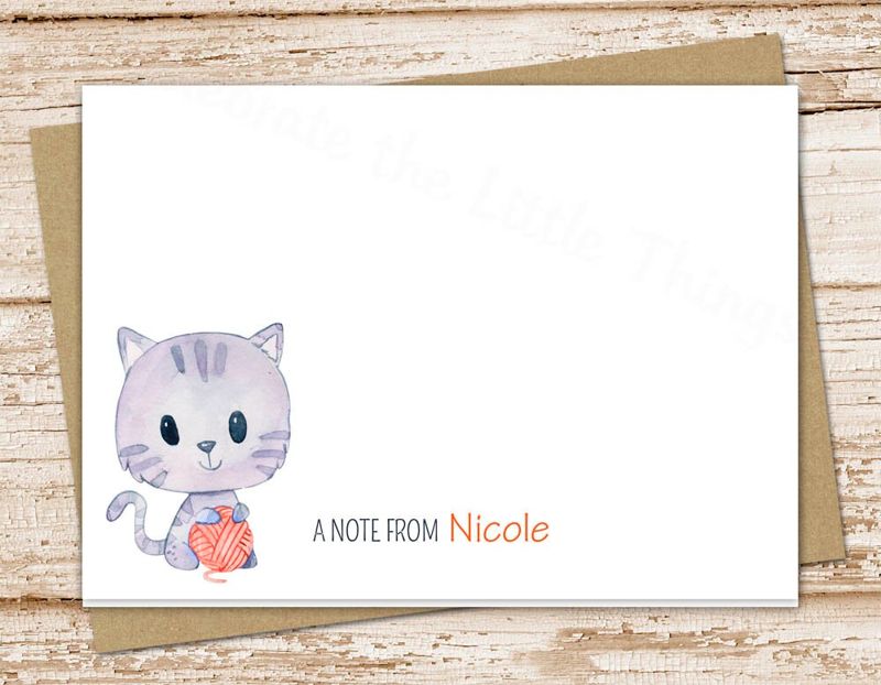 personalized cat note cards . kitty cat stationery . stationary . folded cards . watercolor notecard . pet . kids children . set of 10