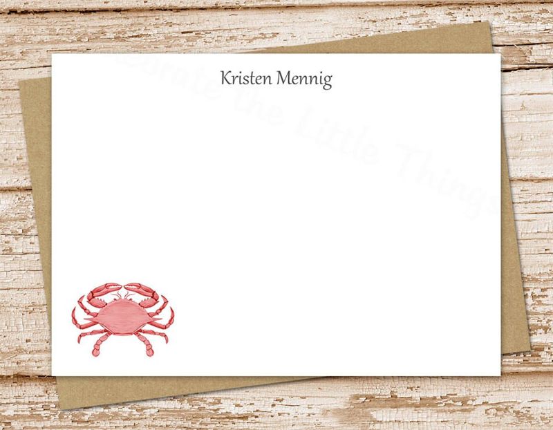 personalized crab note cards . watercolor red crab notecards . FLAT personalized stationery . nautical beach stationary . set of 12