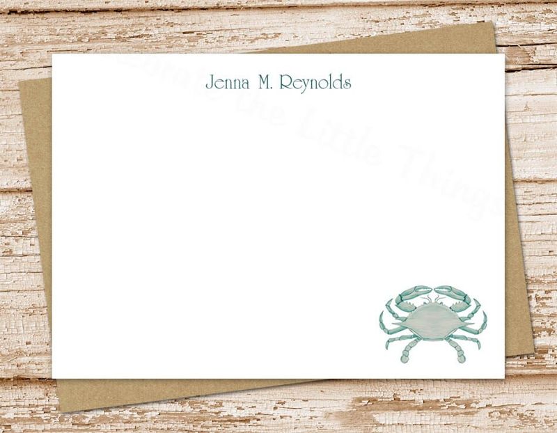personalized crab note cards set . blue green crab notecards . watercolor . stationery. FLAT stationary . nautical beach cards . set of 12