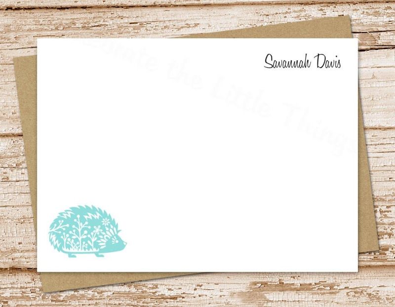 personalized hedgehog note cards . notecards set . personalized stationery . FLAT stationary . porcupine forest woodland cards . set of 12
