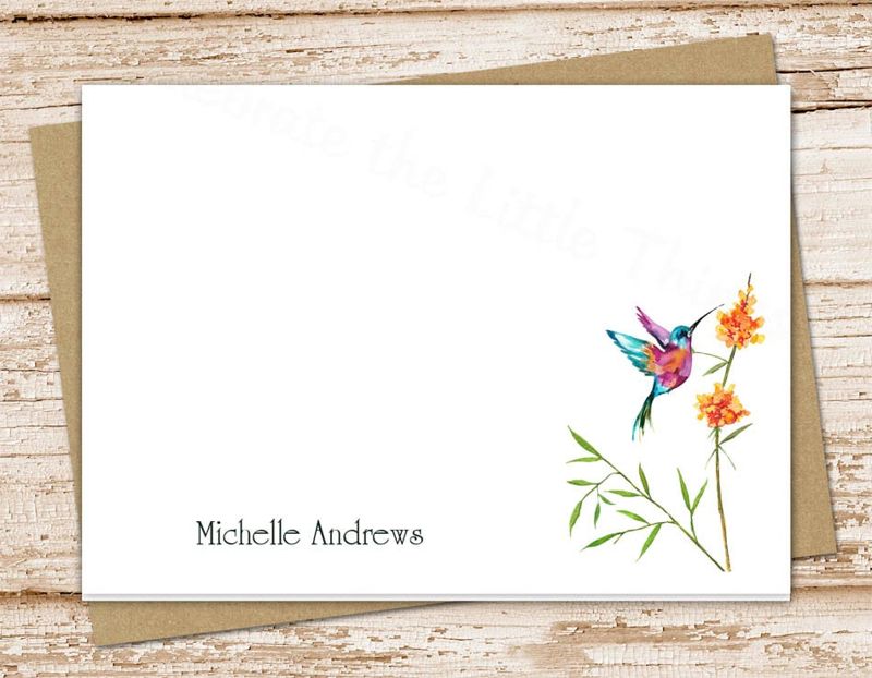 personalized hummingbird note cards, notecards set . watercolor hummingbirds stationery . floral, flowers . folded stationary . set of 10