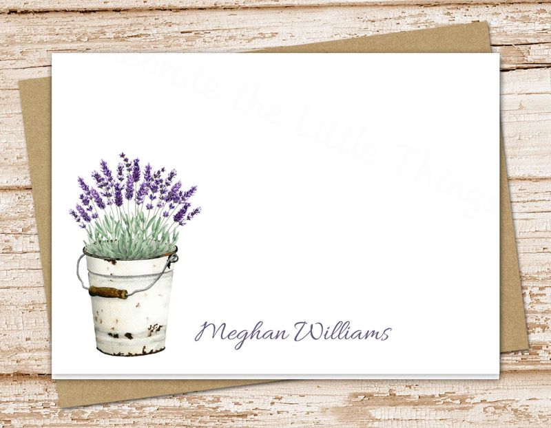 personalized lavender stationery . note cards . vintage stationery . floral, botanical, tin metal bucket . folded stationary . set of 10