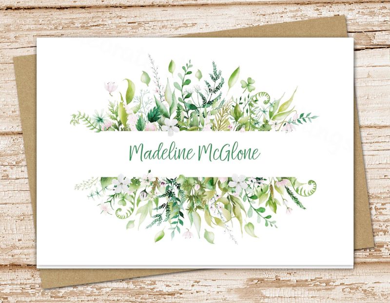 personalized note card set . floral greens frame . clover flowers leaves, nature, botanical . stationery . folded cards . set of 10