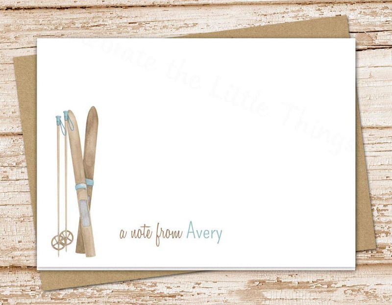 personalized ski note card . skiing stationery . stationary . folded cards . watercolor snow skis notecards . winter sport . set of 10