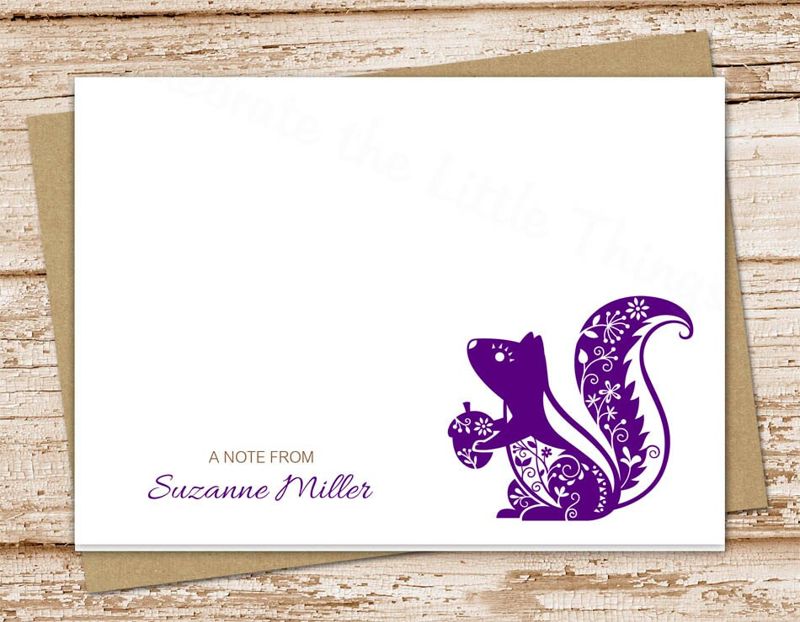 personalized squirrel stationery, notecards . filigree squirrel . folded note cards . woodland acorn . personalized stationary . set of 10