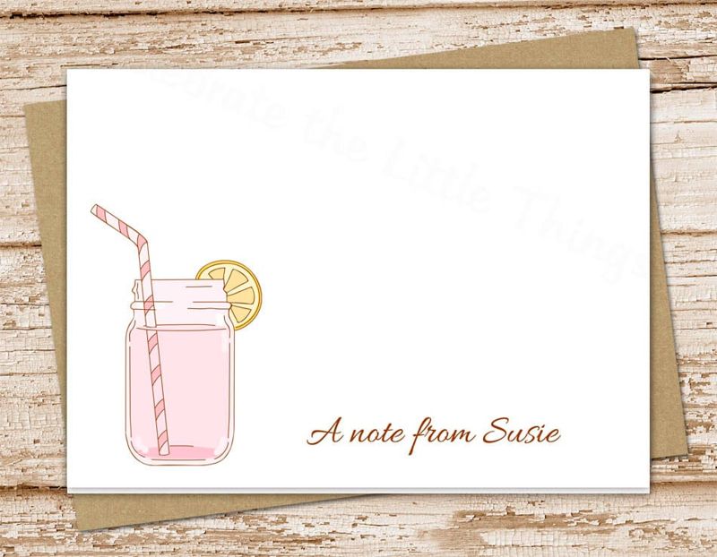 personalized stationery . pink lemonade note cards, notecards . folded personalized stationary . mason jar, lemons, summer . set of 10