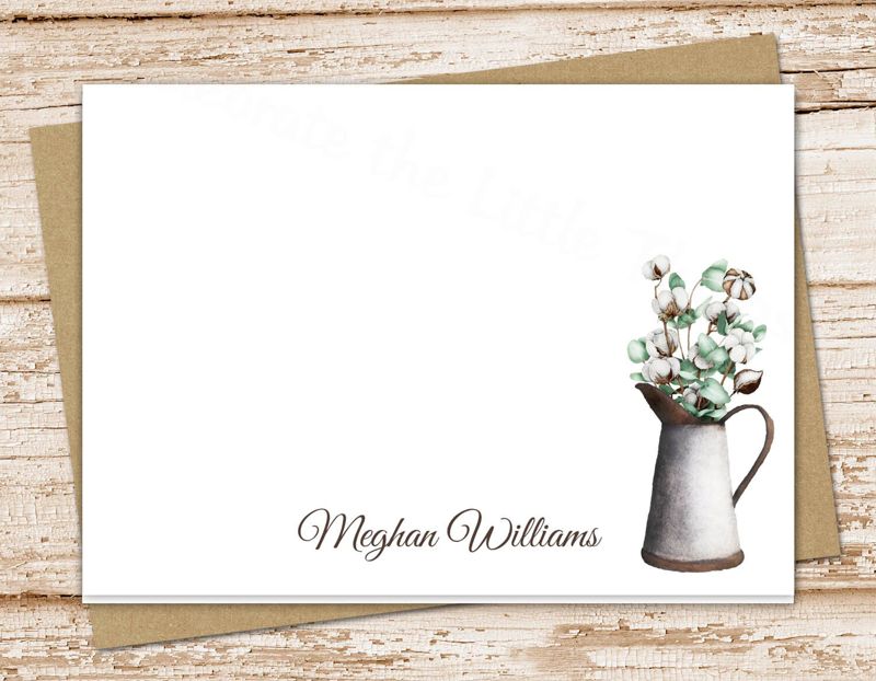 personalized stationery set . EUCALYPTUS COTTON note cards . floral botanical tin metal bucket watering can folded stationary . set of 10