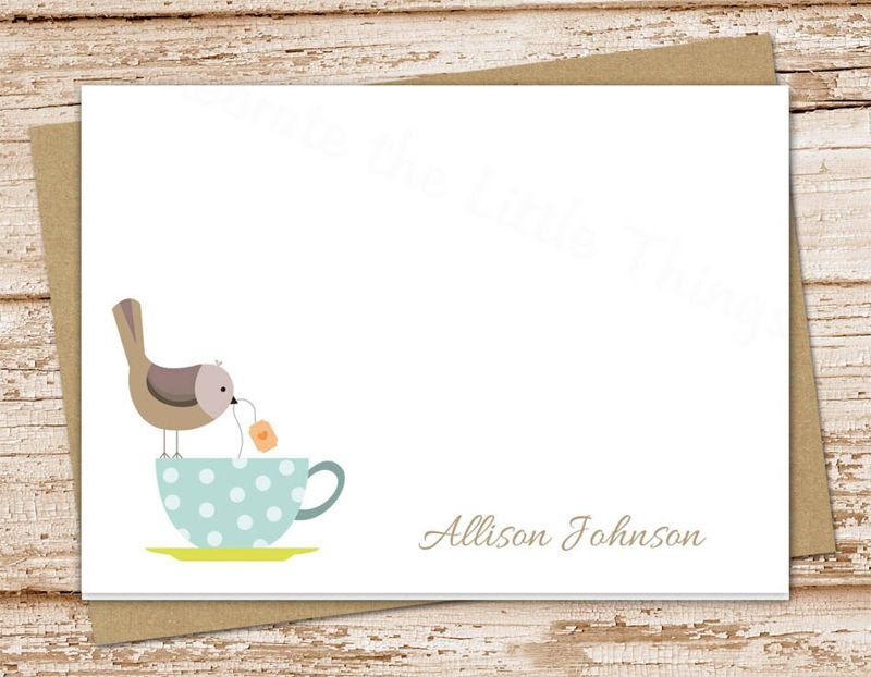 personalized tea cup notecards . note card . tea cup birds . personalized stationery stationary . folded card . teacup tea party . set of 10