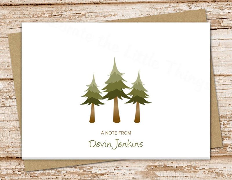 personalized tree note cards . pine tree notecards . folded personalized stationery . evergreen trees . camping forest woodlands . set of 10