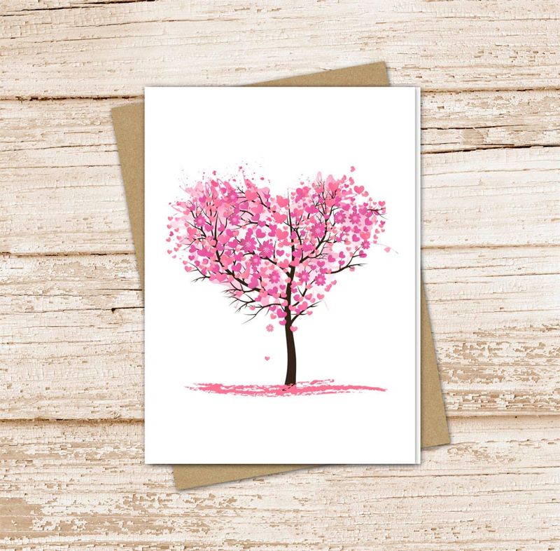 four seasons tree card set .  heart tree note cards . love for all seasons . blank cards notecards . folded stationery stationary . set of 8
