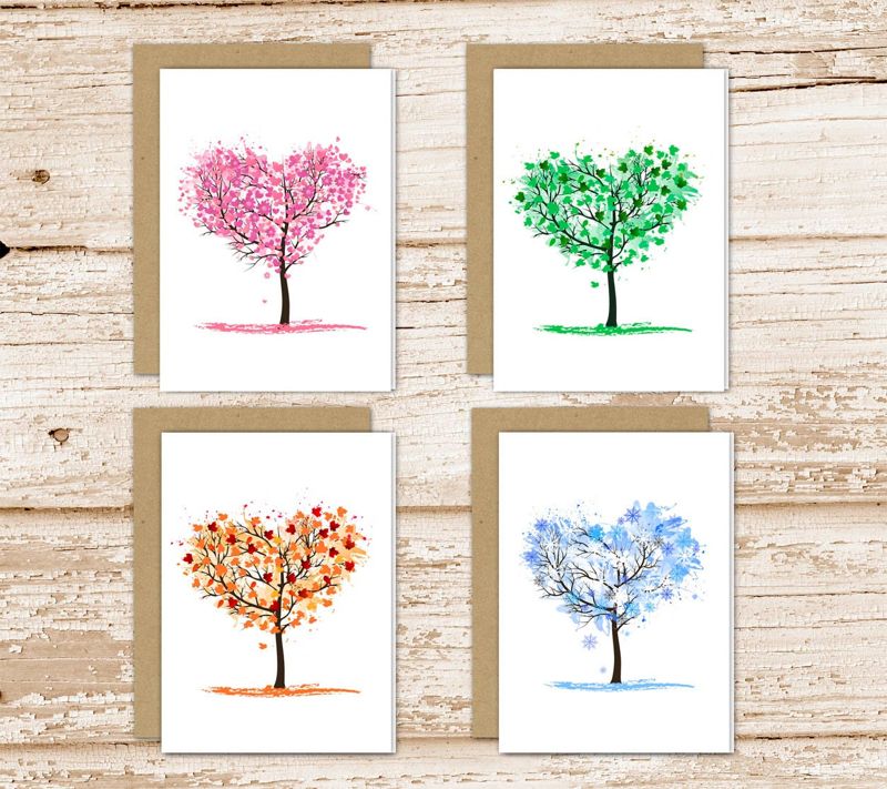 four seasons tree card set .  heart tree note cards . love for all seasons . blank cards notecards . folded stationery stationary . set of 8