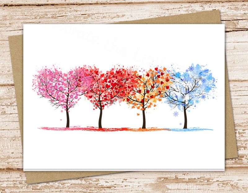 all seasons trees blank cards . four seasons, heart trees cards . note cards, . spring summer fall winter. folded stationery stationary