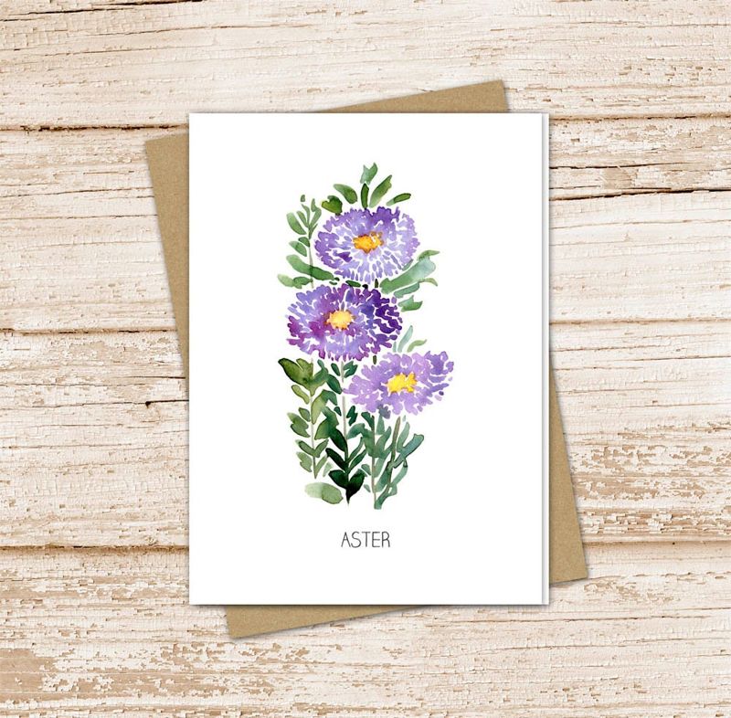 aster card set .  watercolor flower . purple aster . september birth month floral note cards botanical garden blank cards, folded stationery
