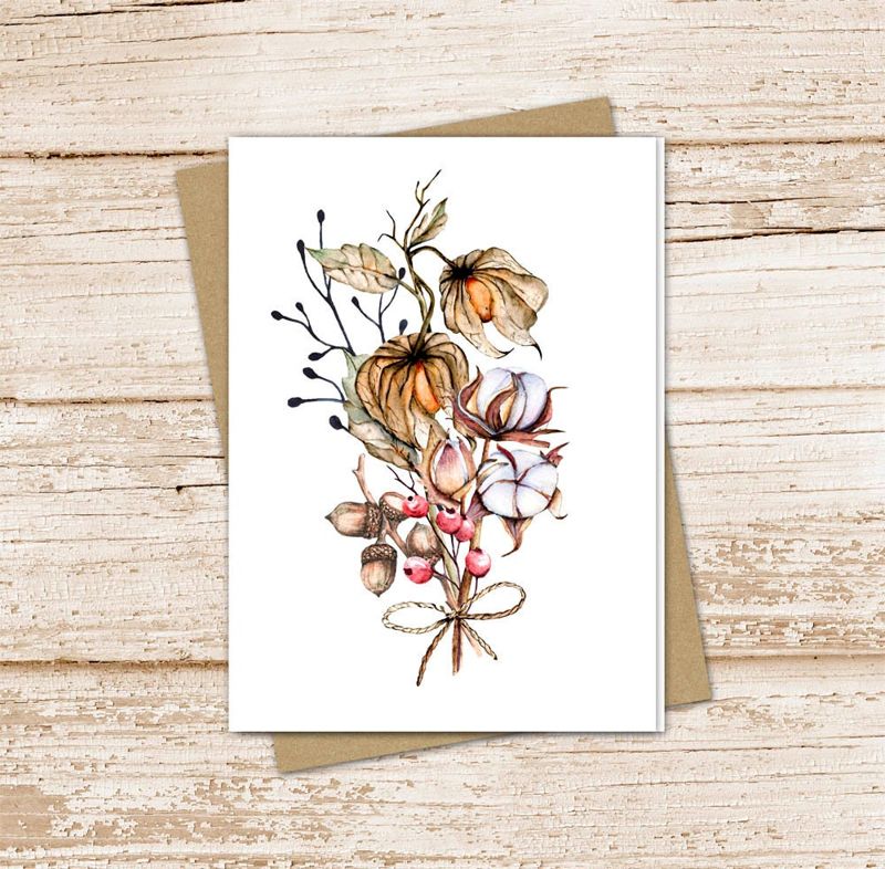 autumn bouquet card set . watercolor pumpkins cotton acorns berries note cards . fall note cards . blank cards . folded stationery