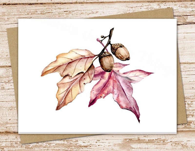 autumn leaves acorns cards set . fall note cards, notecards . watercolor . folded stationery stationary