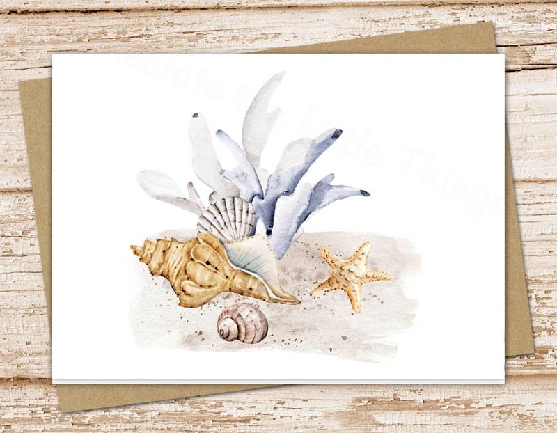 beach card set . watercolor coral starfish seashells sand . note cards notecards . botanical . blank cards . folded stationery set