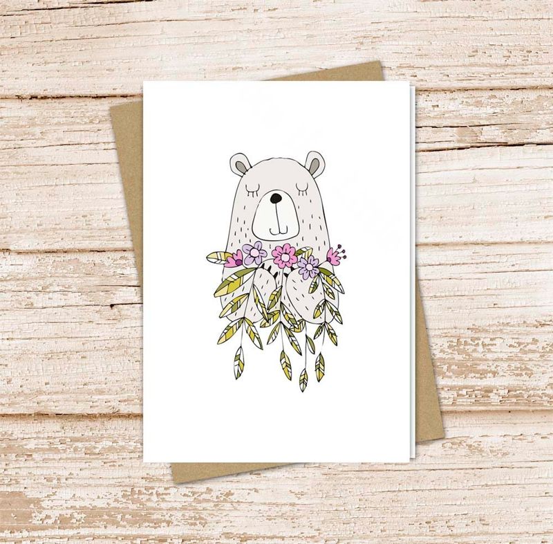 bear with flowers card set . watercolor note cards . purple flowers floral . blank cards . noteecards . folded stationery . stationary set